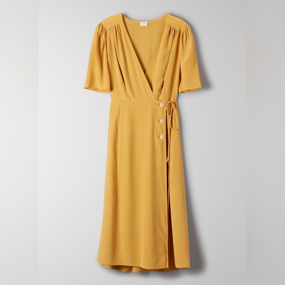 Aritzia Wilfred Mirabelle Silk Wrap Long Midi Dress in Cairo Gold